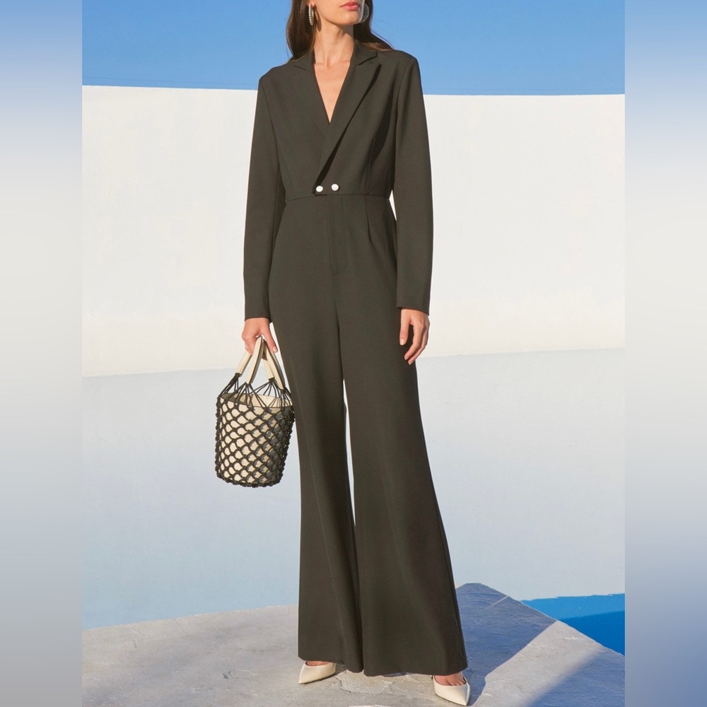 Staud Stereo Long Sleeve V Neck Flare Pant Black Jumpsuit